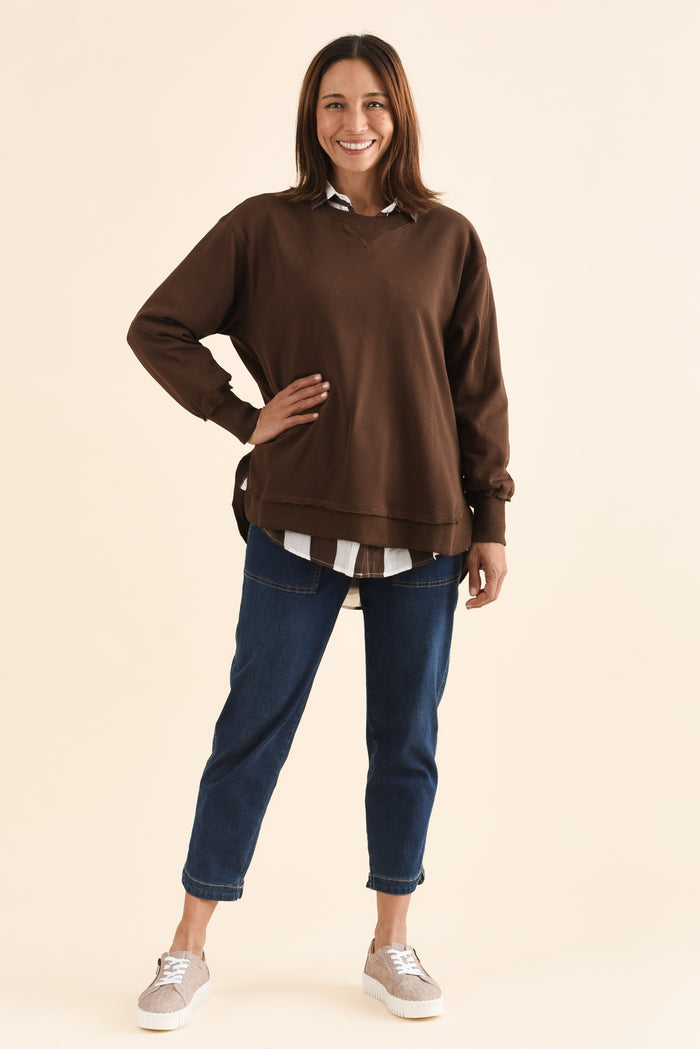 Osbourne Chocolate Cotton Sweatshirt,Full Body,Brunette model,alt text|model:Cara