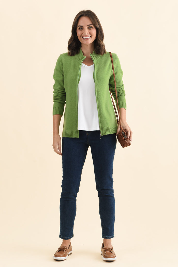 Pacey Green Wool Zip Jacket,Brunette model,alt text|model:MJ
