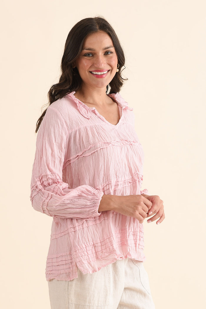Palmer Pink Cotton Long Sleeve Top,Side,Brunette model,alt text|model:Brontie