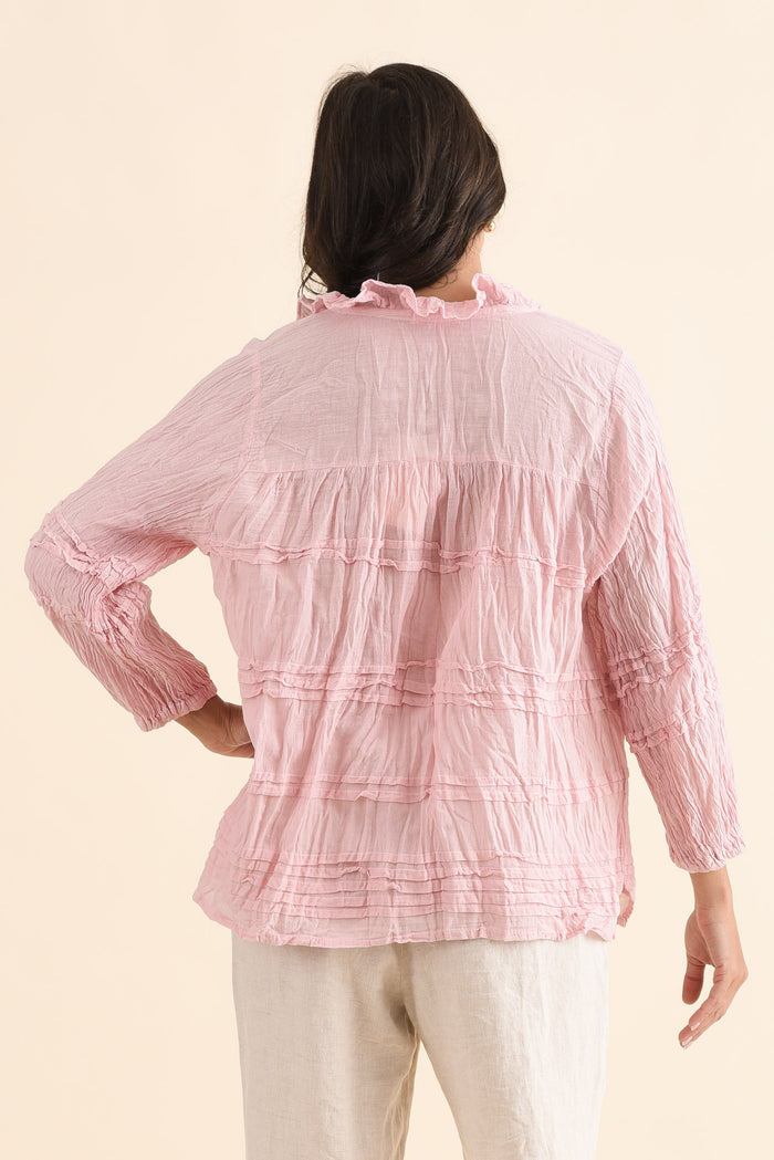 Palmer Pink Cotton Long Sleeve Top,Back,Brunette model,alt text|model:Brontie