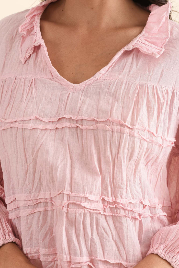 Palmer Pink Cotton Long Sleeve Top,Detail,Brunette model,alt text|model:Brontie