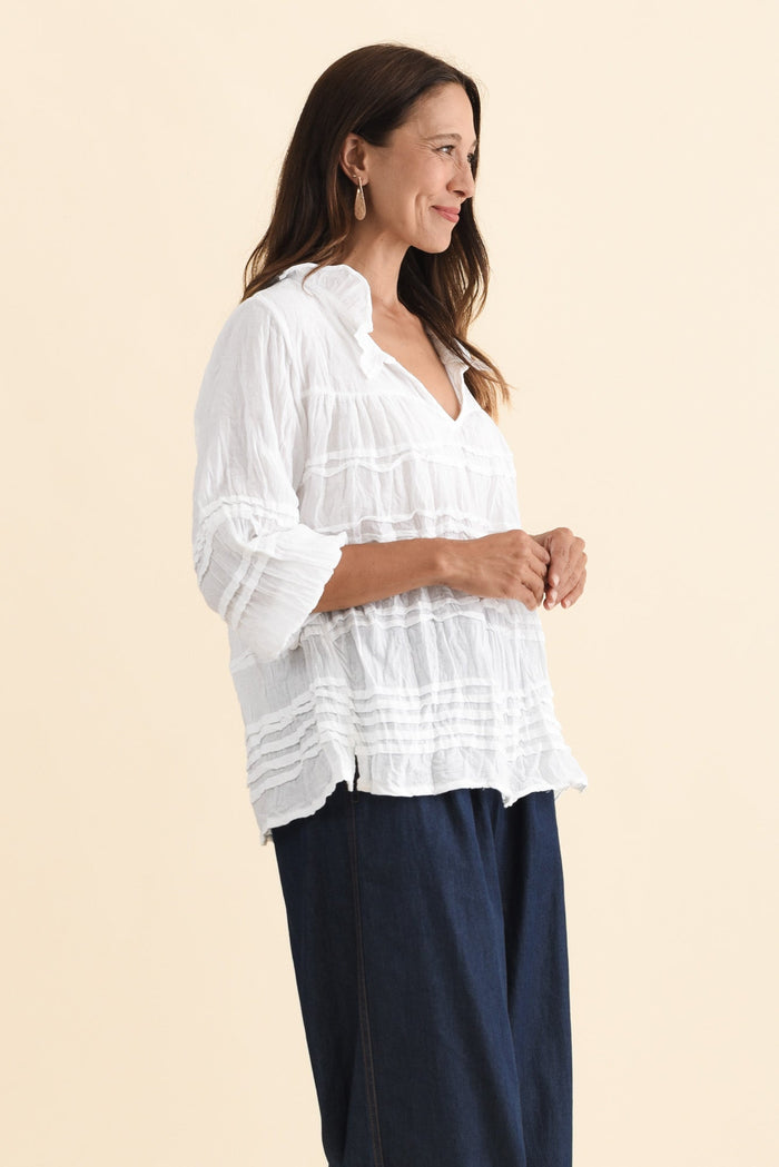 Palmer White Cotton Long Sleeve Top,Brunette model,alt text|model:Cara