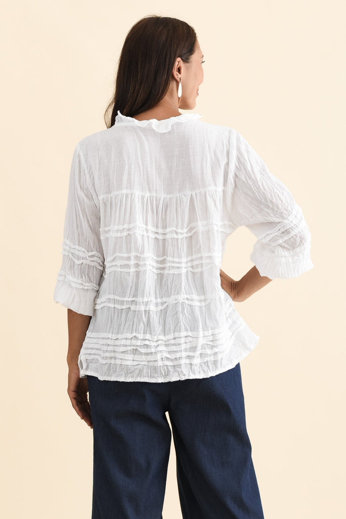 Palmer White Cotton Long Sleeve Top,Brunette model,alt text|model:Cara