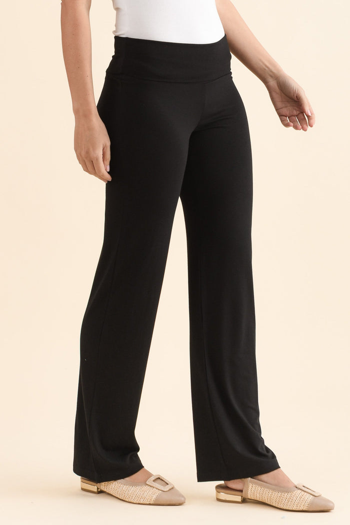 Pamela Black Bamboo Pants,Side,Brunette model,alt text|model:MJ