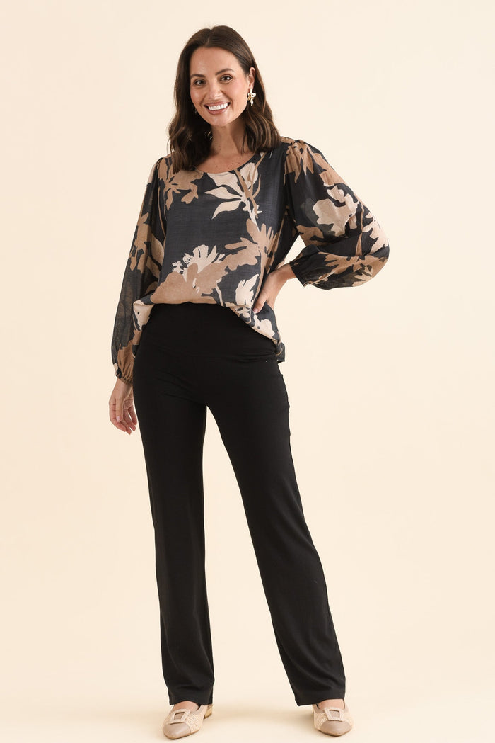 Pamela Black Bamboo Pants,Full Body,Brunette model,alt text|model:MJ