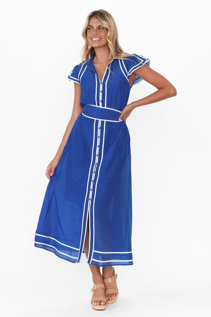 Panama Azure Blue Cotton Maxi Dress,Blonde model,alt text|model:Imogen