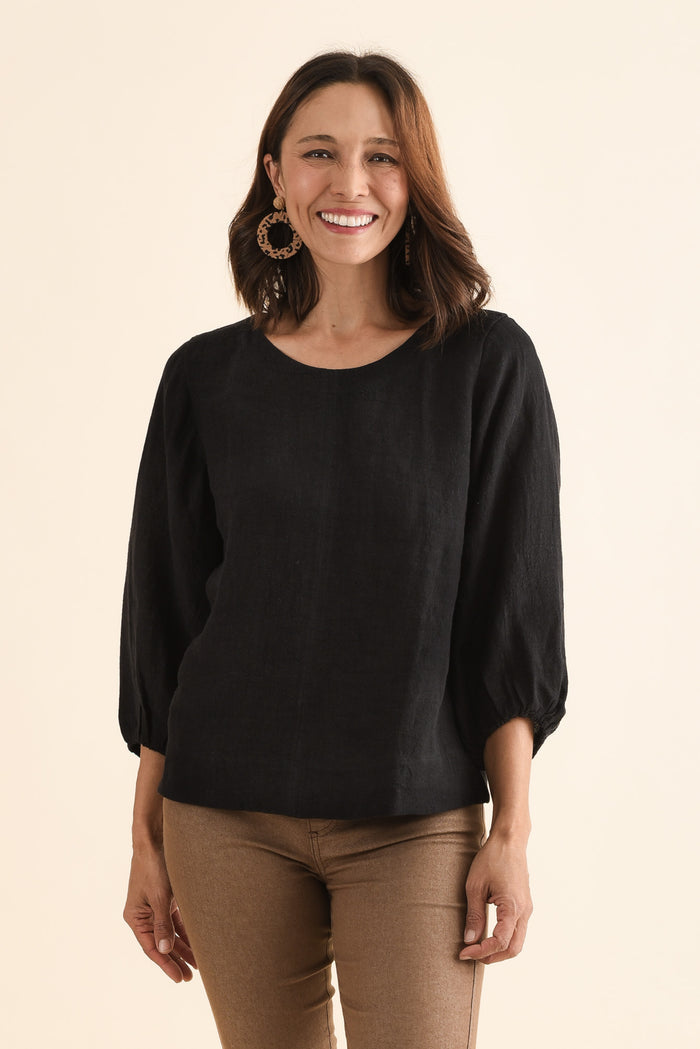 Pattison Black Linen Puff Sleeve Top,Front,Brunette model,alt text|model:Cara