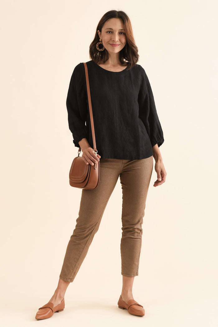 Pattison Black Linen Puff Sleeve Top,Full Body,Brunette model,alt text|model:Cara