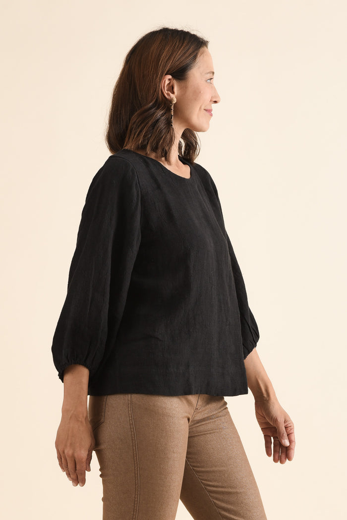 Pattison Black Linen Puff Sleeve Top,Side,Brunette model,alt text|model:Cara