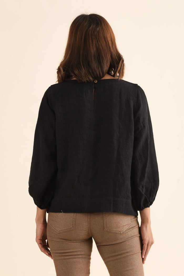 Pattison Black Linen Puff Sleeve Top,Back,Brunette model,alt text|model:Cara