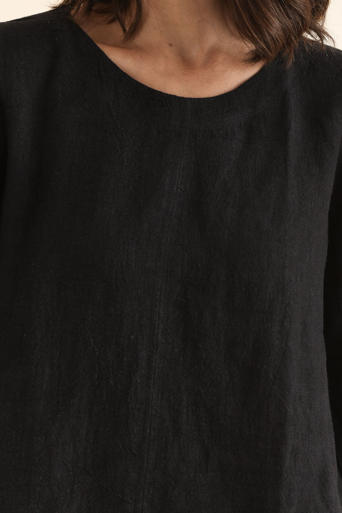 Pattison Black Linen Puff Sleeve Top,Detail,Brunette model,alt text|model:Cara
