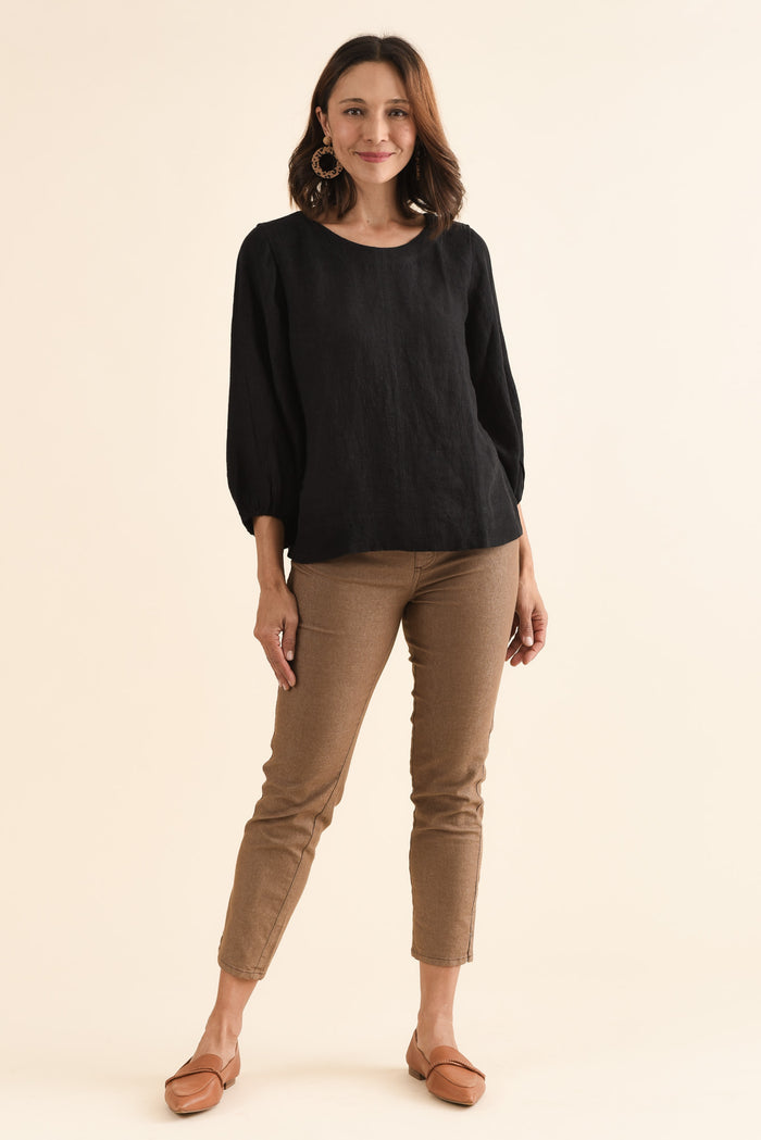 Pattison Black Linen Puff Sleeve Top,Full Body,Brunette model,alt text|model:Cara