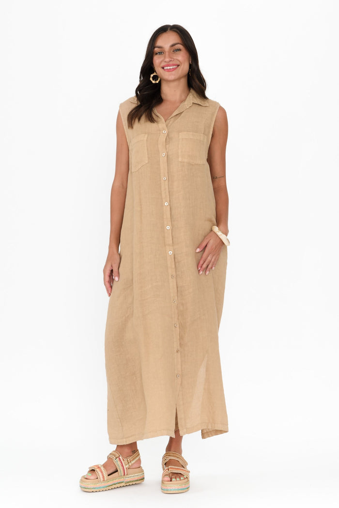 Perla Mocha Linen Button Dress,Brunette model,alt text|model:Brontie