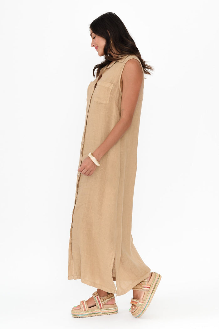 Perla Mocha Linen Button Dress,Brunette model,alt text|model:Brontie