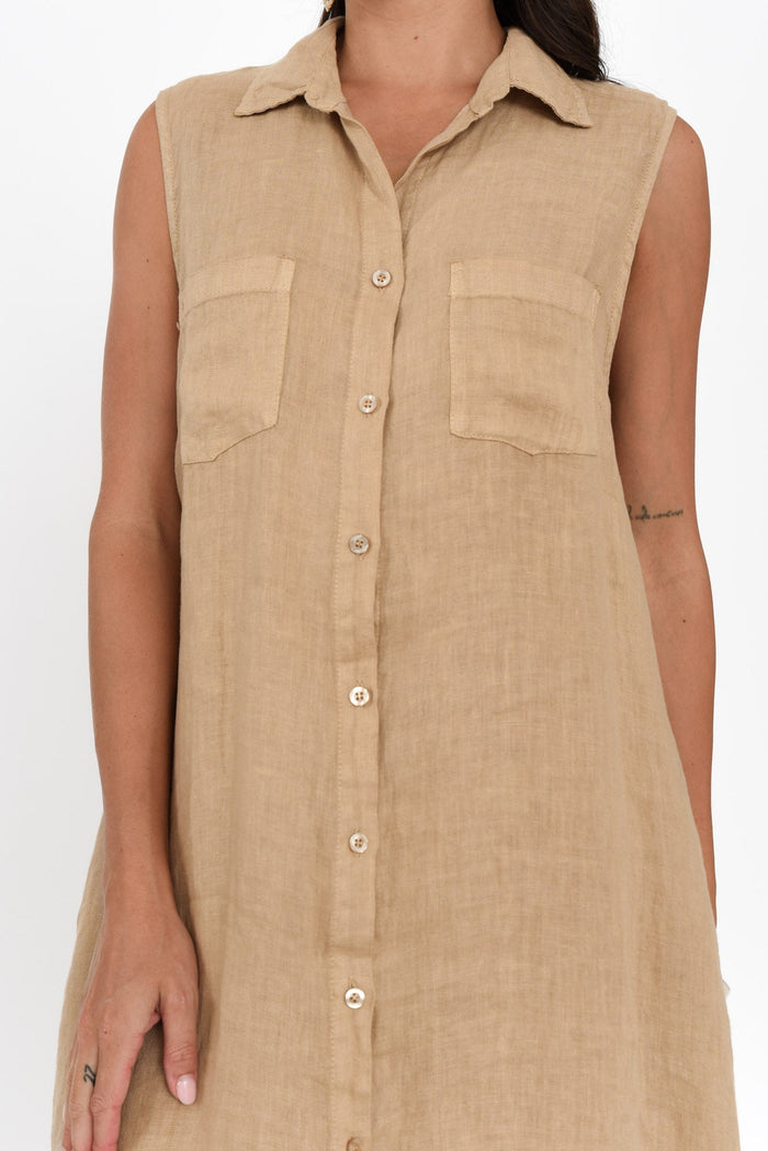 Perla Mocha Linen Button Dress,Brunette model,alt text|model:Brontie