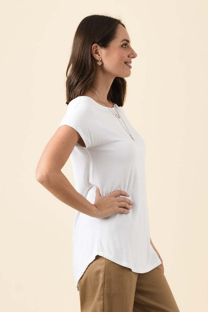 Pia White Bamboo Boatneck Tee,Brunette model,alt text|model:MJ