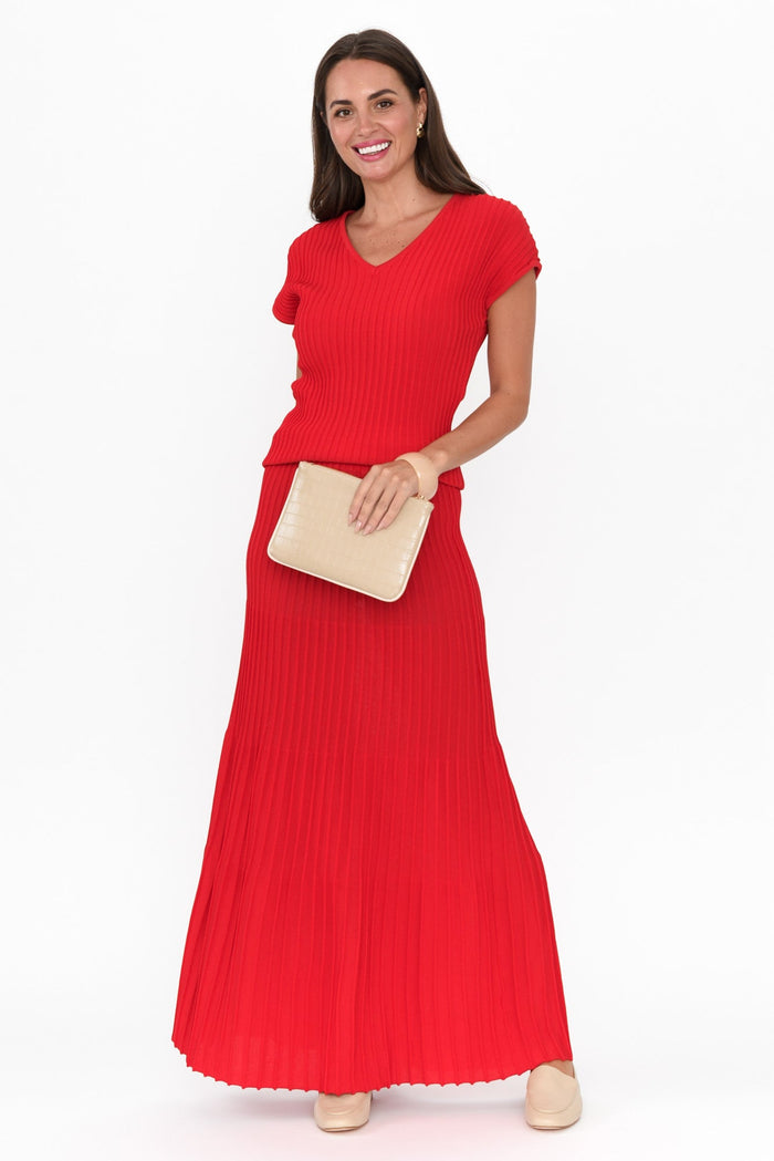 Pimm Red Knit Skirt,Brunette model,alt text|model:MJ