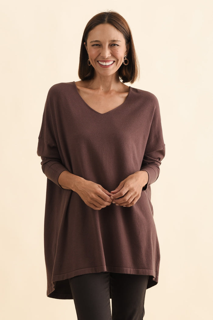 Piper Brown V Neck Knit Jumper,Brunette model,alt text|model:Cara
