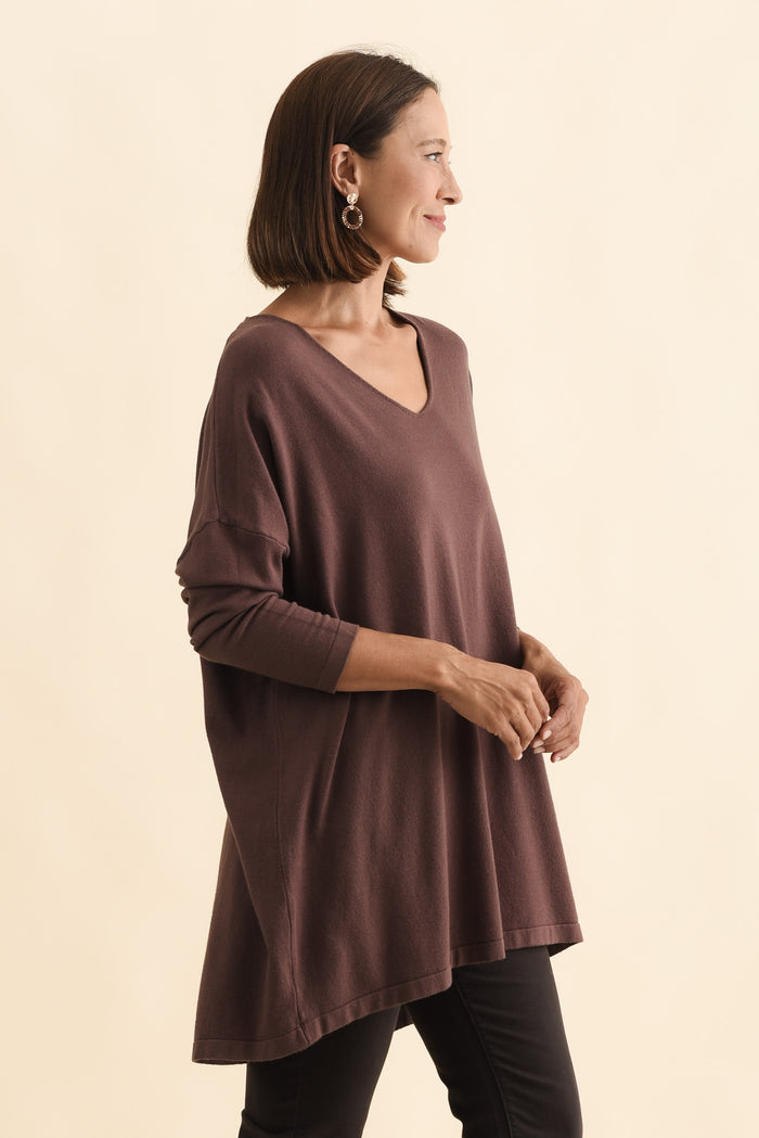 Piper Brown V Neck Knit Jumper,Brunette model,alt text|model:Cara