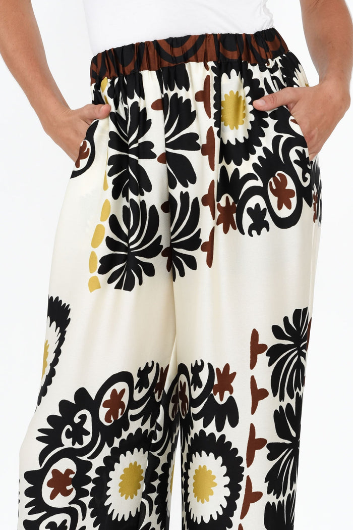 Plato Cream Abstract Wide Leg Pants,Brunette model,alt text|model:Johanna