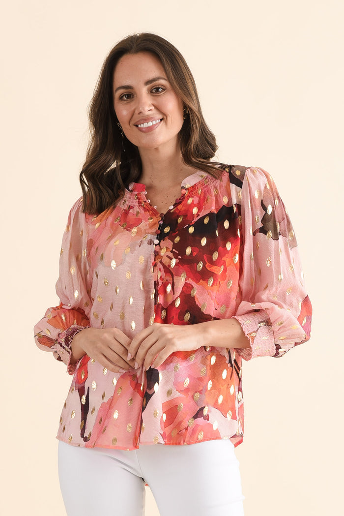 Ponting Pink Floral Foil Button Blouse,Front,Brunette model,alt text|model:MJ