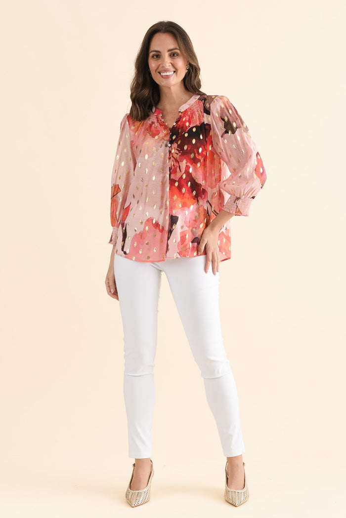 Ponting Pink Floral Foil Button Blouse,Full Body,Brunette model,alt text|model:MJ