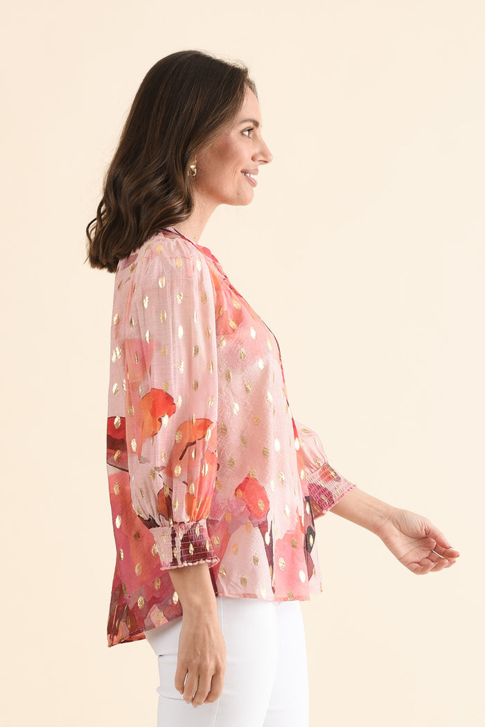 Ponting Pink Floral Foil Button Blouse,Side,Brunette model,alt text|model:MJ