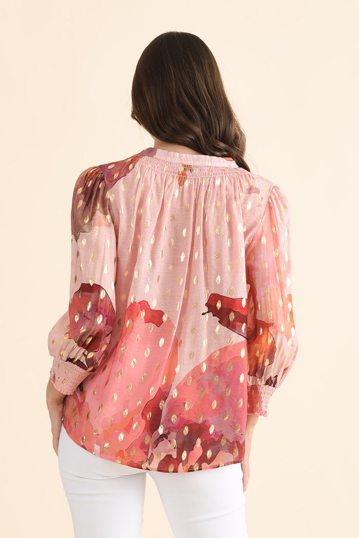 Ponting Pink Floral Foil Button Blouse,Back,Brunette model,alt text|model:MJ