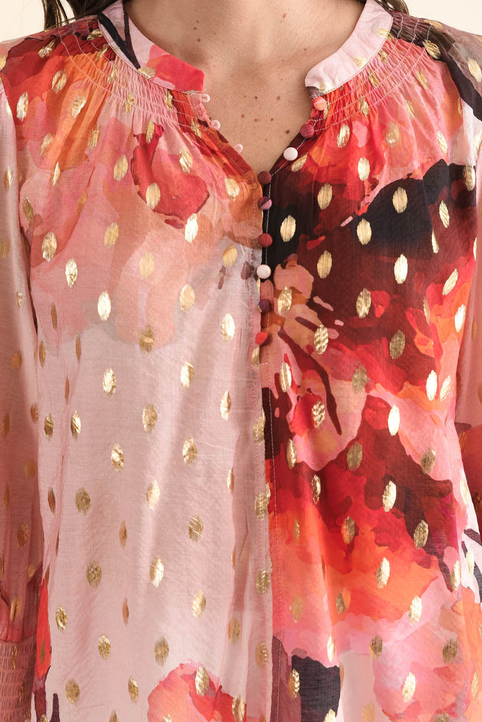 Ponting Pink Floral Foil Button Blouse,Detail,Brunette model,alt text|model:MJ