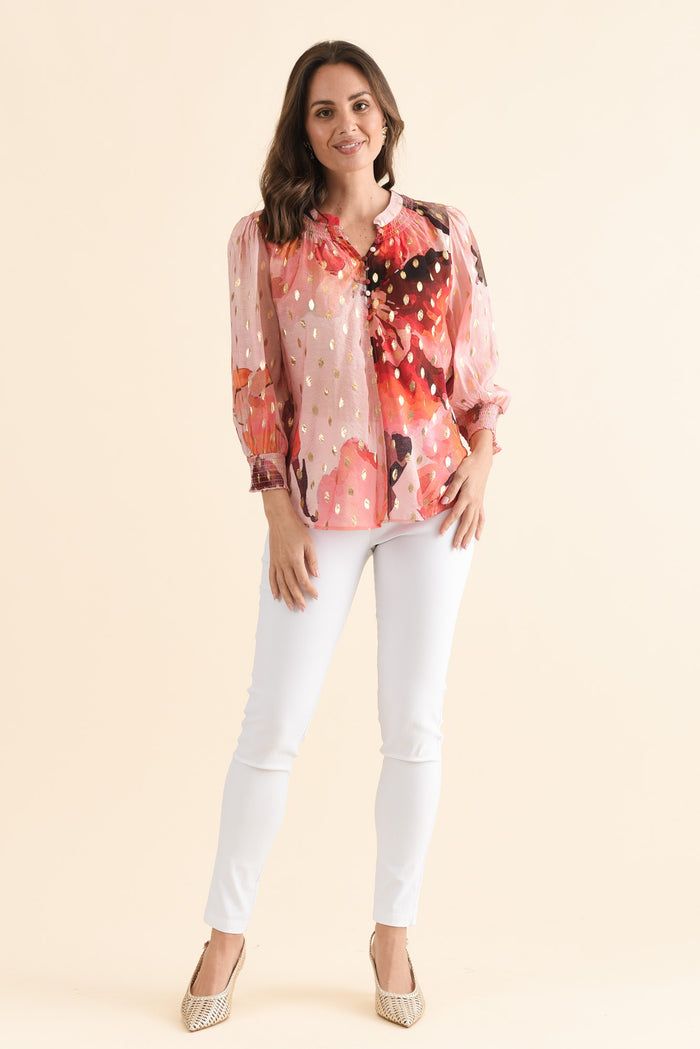 Ponting Pink Floral Foil Button Blouse,Full Body,Brunette model,alt text|model:MJ