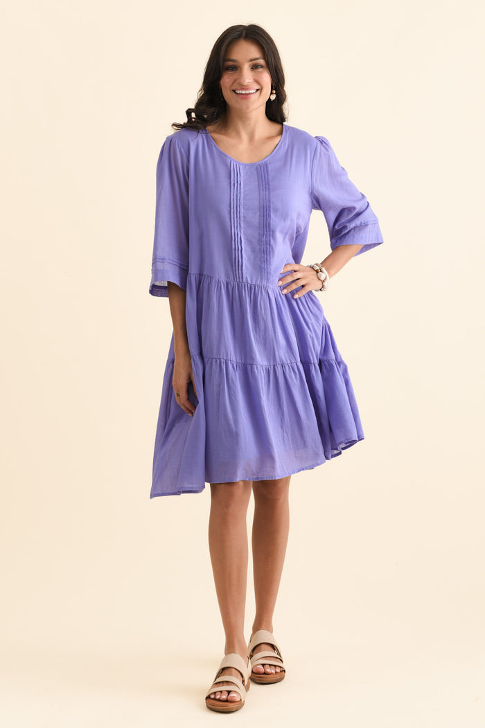 Portia Purple Cotton Asymmetrical Dress,Brunette model,alt text|model:Brontie