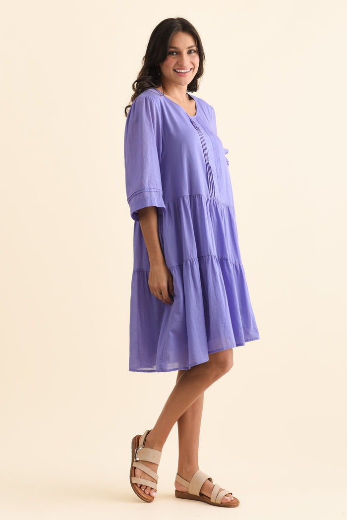 Portia Purple Cotton Asymmetrical Dress,Brunette model,alt text|model:Brontie
