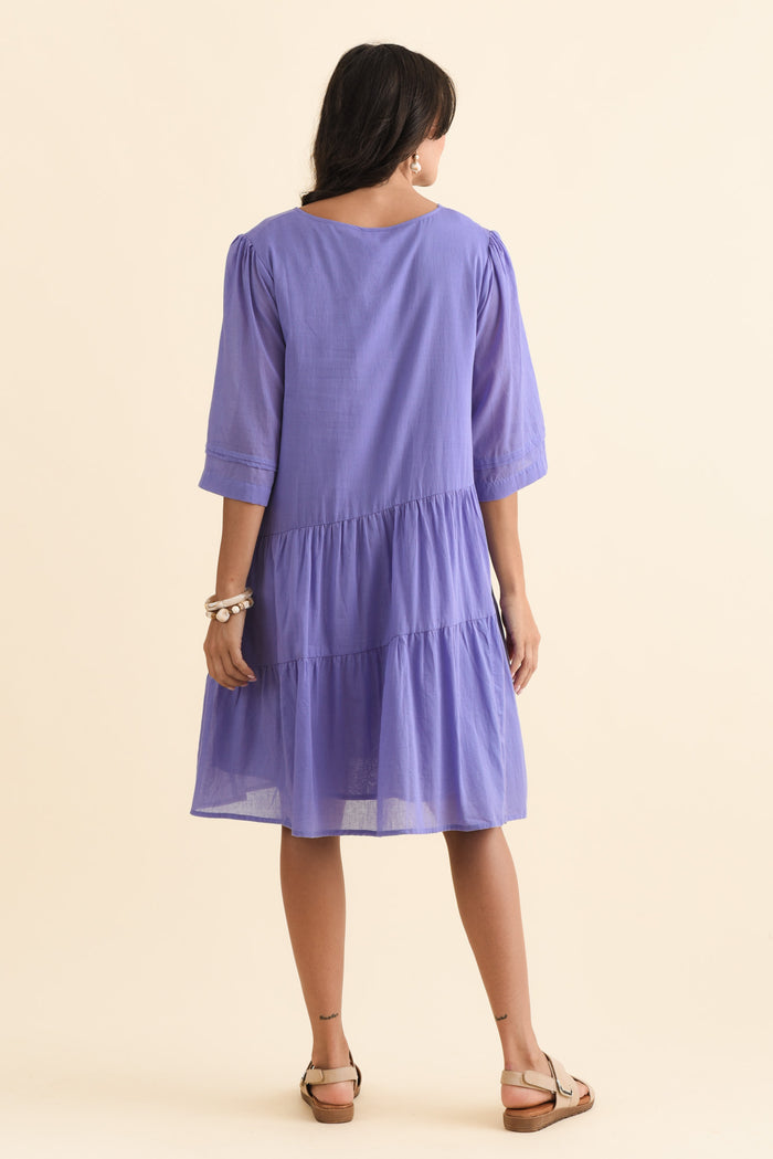 Portia Purple Cotton Asymmetrical Dress,Brunette model,alt text|model:Brontie