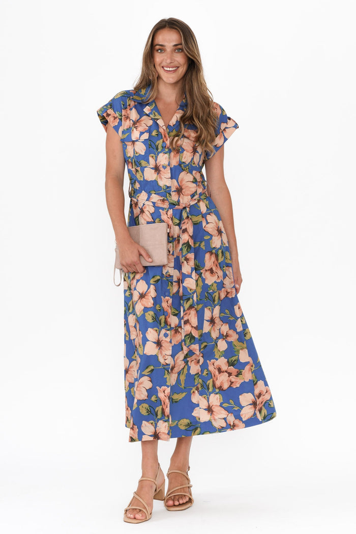 Porto Blue Floral Cotton Tie Dress,Brunette model,alt text|model:Johanna
