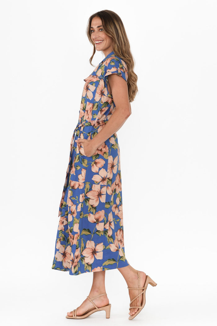 Porto Blue Floral Cotton Tie Dress,Brunette model,alt text|model:Johanna