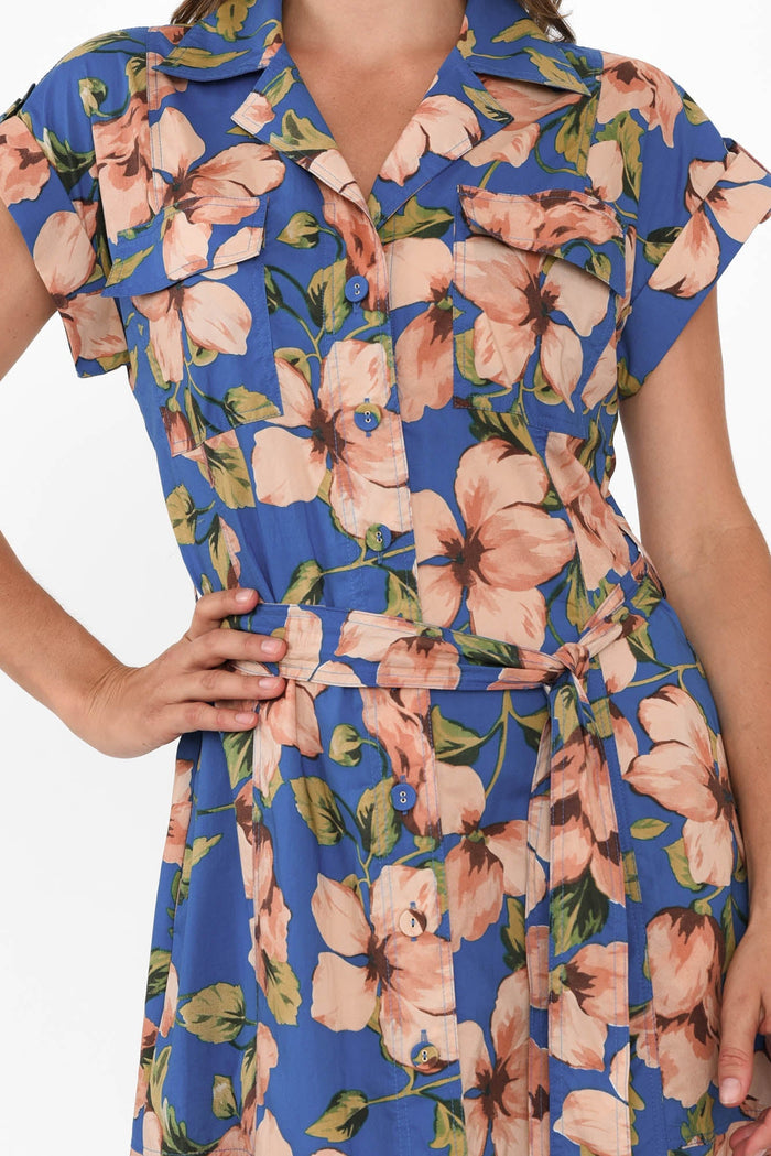 Porto Blue Floral Cotton Tie Dress,Brunette model,alt text|model:Johanna