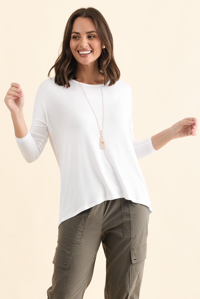 Prado White Batwing Top,Front,Brunette model,alt text|model:MJ