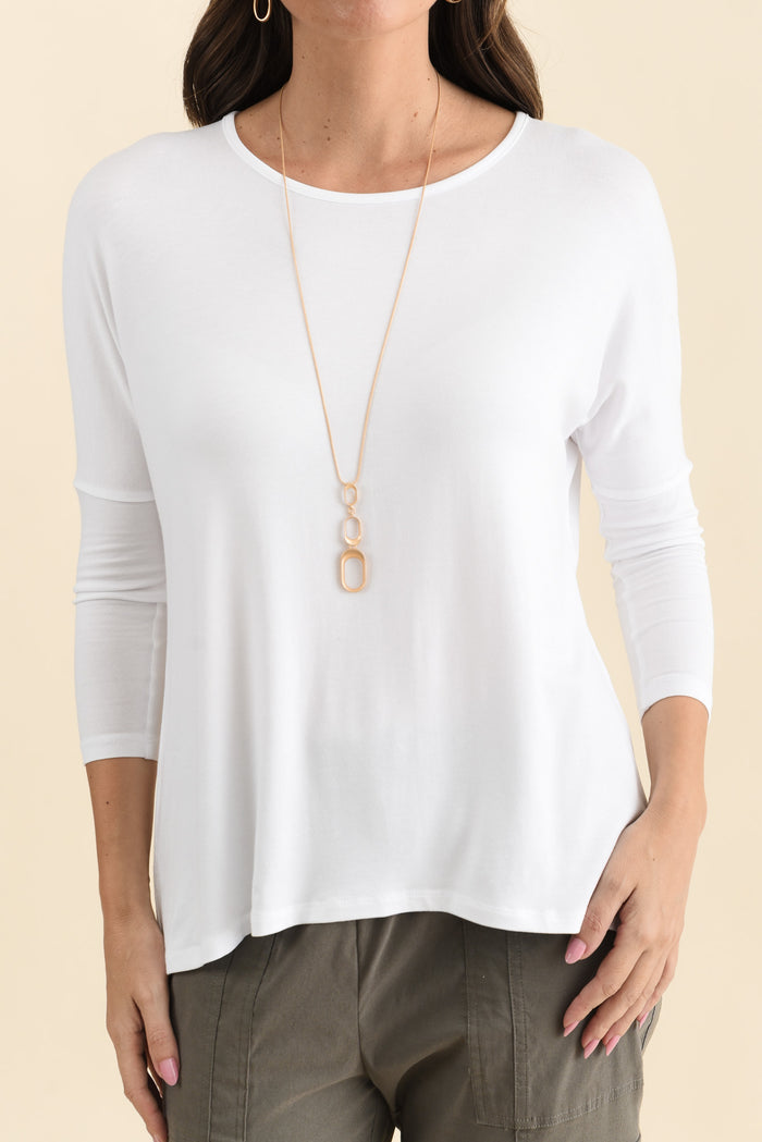 Prado White Batwing Top,Detail,Brunette model,alt text|model:MJ