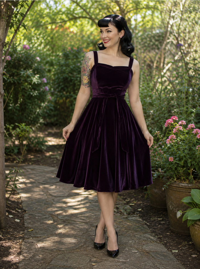 Purple Velvet Vintage Inspired 1950s Strap Swing Dress
