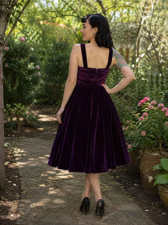 Purple Velvet Vintage Inspired 1950s Strap Swing Dress