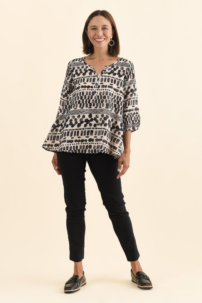 Ramirez Black Spot Button Top,Brunette model,alt text|model:Cara