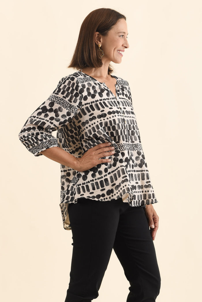 Ramirez Black Spot Button Top,Brunette model,alt text|model:Cara