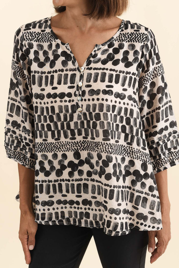 Ramirez Black Spot Button Top,Brunette model,alt text|model:Cara