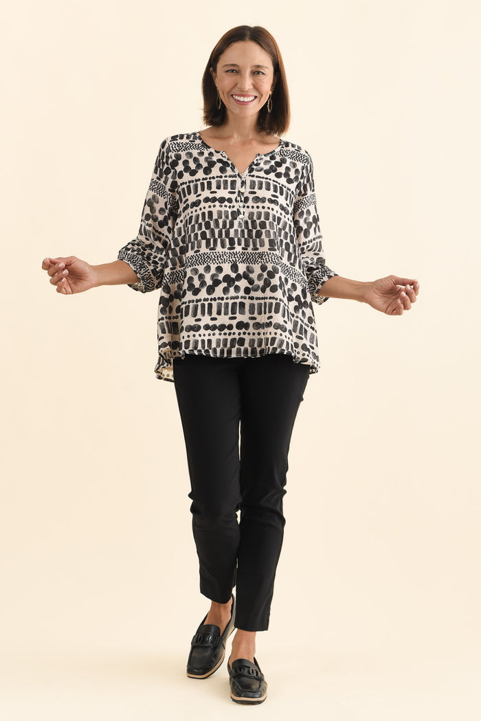 Ramirez Black Spot Button Top,Brunette model,alt text|model:Cara