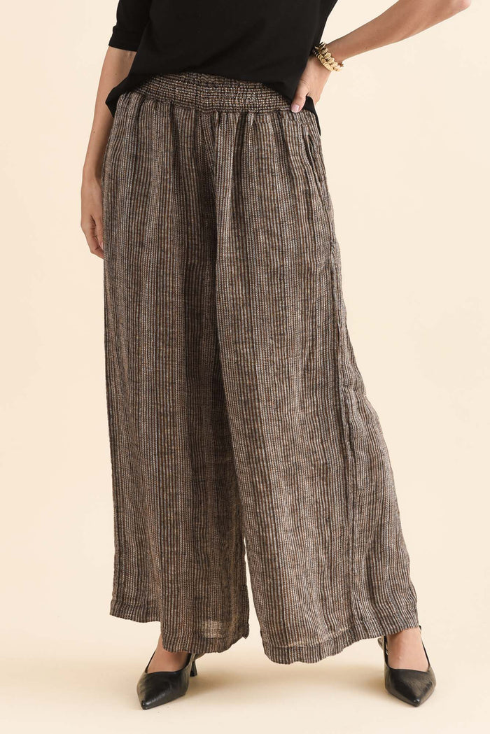 Reign Charcoal Stripe Linen Pants,Front,Brunette model,alt text|model:MJ