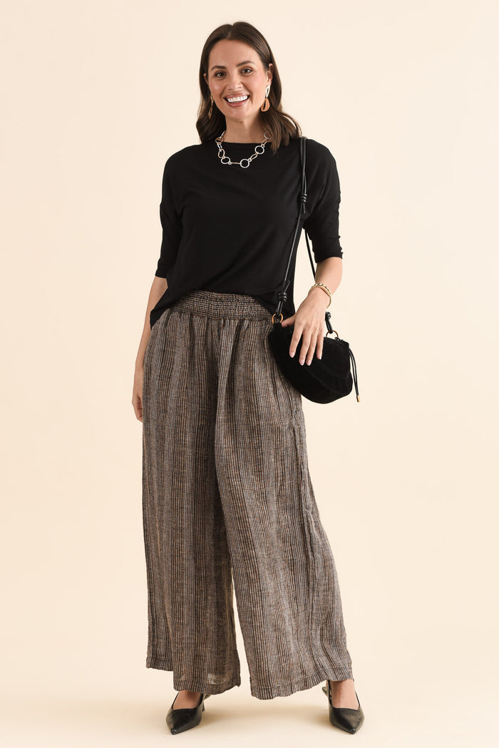 Reign Charcoal Stripe Linen Pants,Full Body,Brunette model,alt text|model:MJ