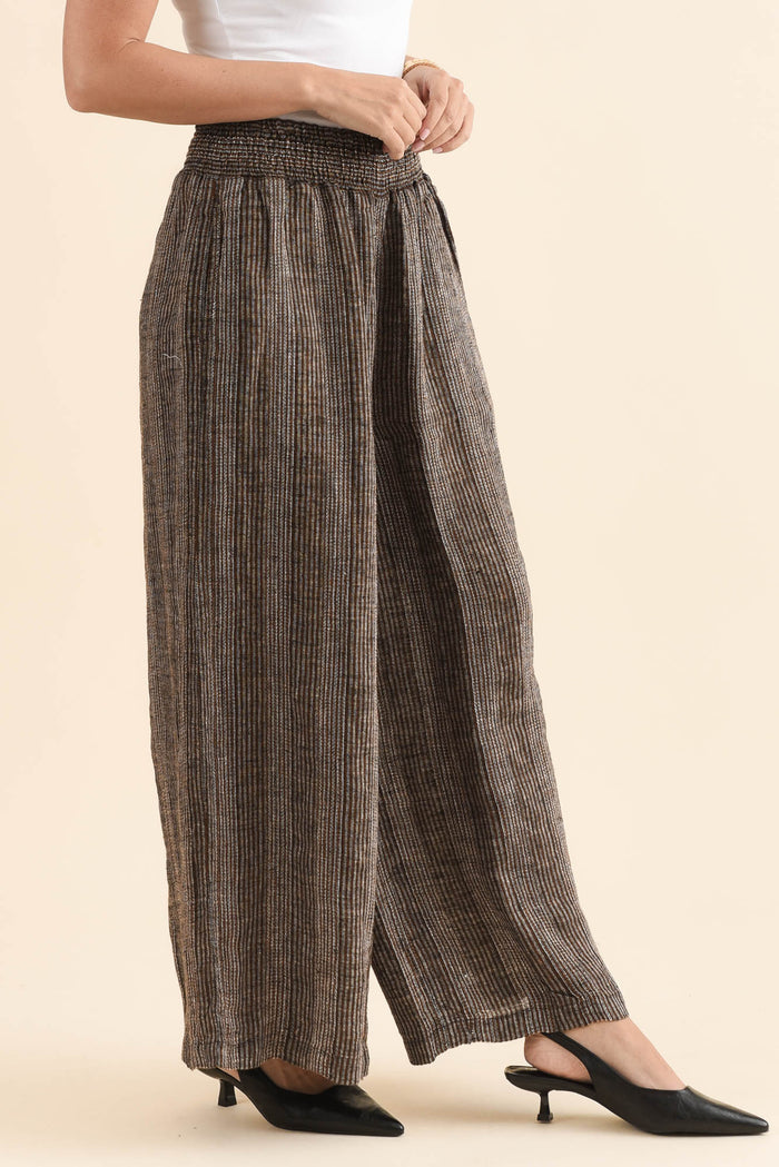 Reign Charcoal Stripe Linen Pants,Side,Brunette model,alt text|model:MJ