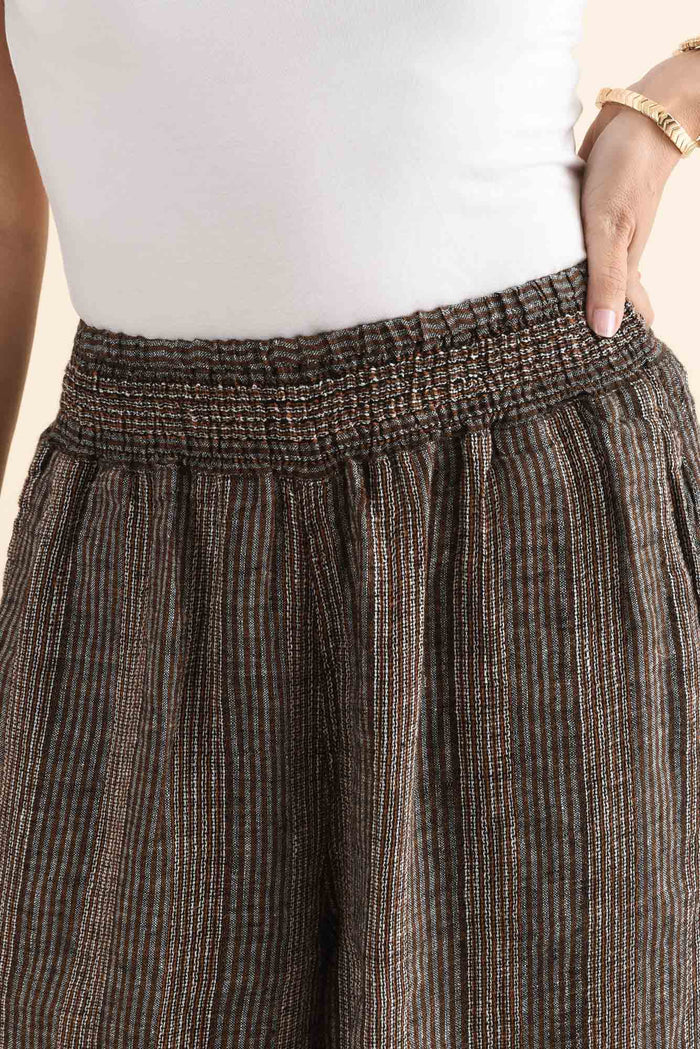 Reign Charcoal Stripe Linen Pants,Detail,Brunette model,alt text|model:MJ