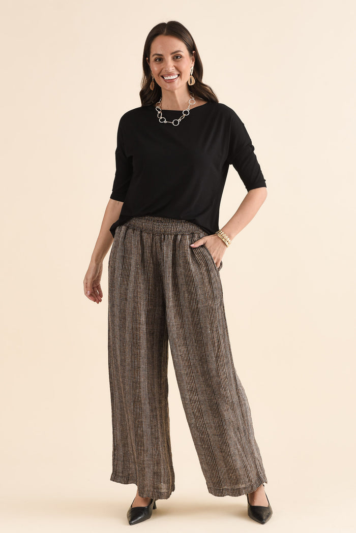 Reign Charcoal Stripe Linen Pants,Full Body,Brunette model,alt text|model:MJ