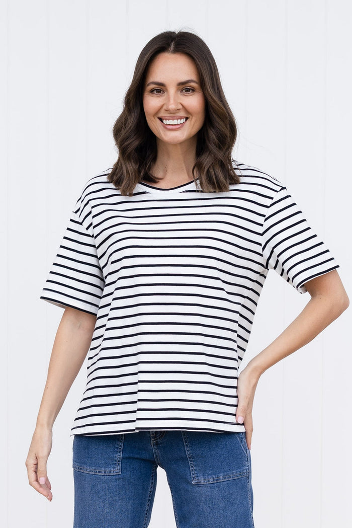 Relax Black Stripe Cotton Tee,brunette model,Front of Outfit,Lifestyle